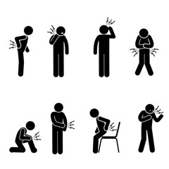 Set of stick figures showing various painful body conditions.