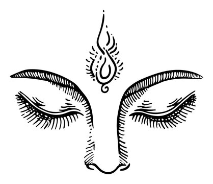 Spiritual face with closed eyes and ornamental third eye symbol representing meditation and enlightenment hand drawn vector illustration