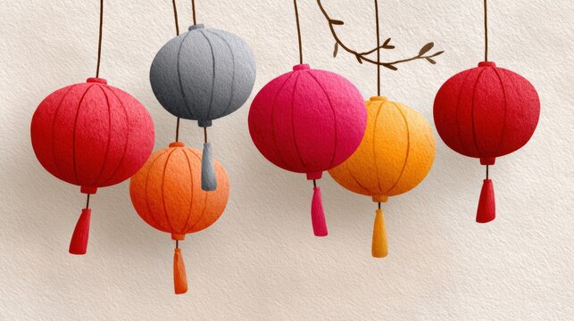 Colorful paper lanterns hang elegantly against a soft background, perfect for decorating events or celebrations, Ideal for cultural themes, festivals, or as a festive design element,