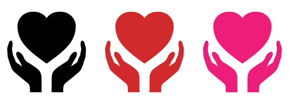 A clean heart in hands symbol set showing support, care, and protection. Includes black, red, and pink heart variations, ideal for charity, donation, heart, hands, care, support, vector, icons.
