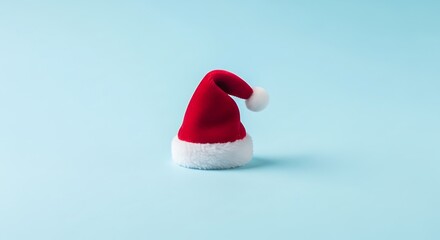 Festive Santa hat on light blue background evokes holiday cheer and tradition