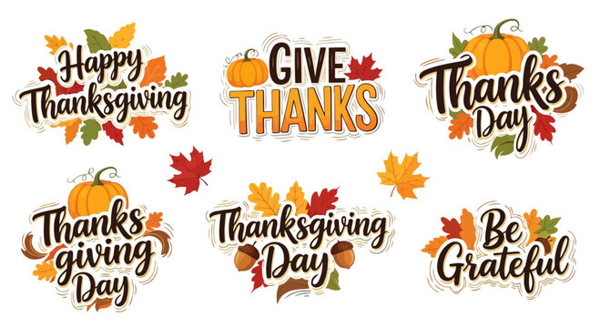 Happy thanksgiving day with autumn leaves and festive messages in colorful typography