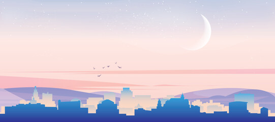 Panoramic poster of the city skyline with misty background buildings, hills sunrise, sunset and clouds of SALZBURG, AUSTRIA