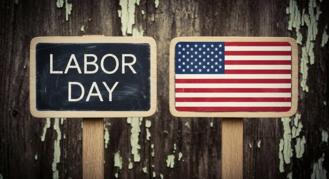Labor Day patriotic signs on rustic wood background Celebration. - Powered by Adobe