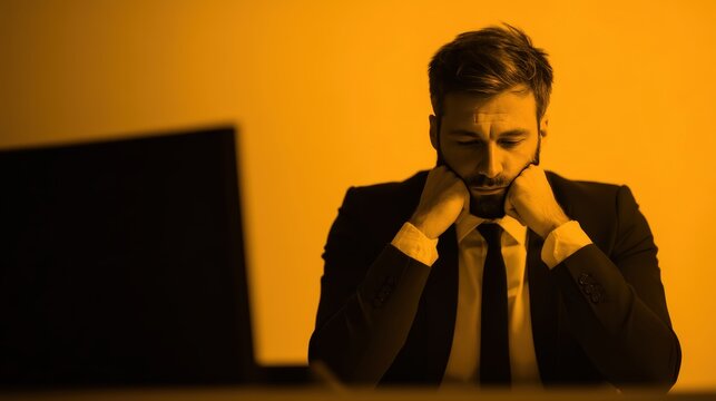 A pensive man sits in a suit, resting his chin on his hands, with a warm orange backdrop suggesting contemplation or stress. - Powered by Adobe