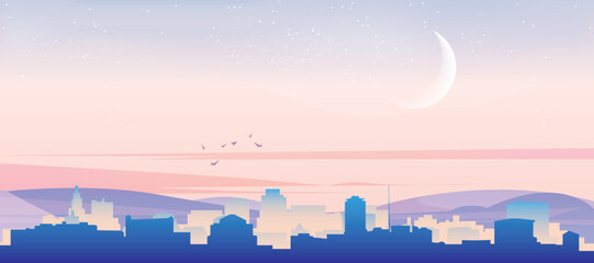 Panoramic poster of the city skyline with misty background buildings, hills sunrise, sunset and clouds of DUBLIN, IRELAND