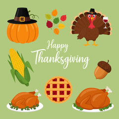 Happy thanksgiving holiday illustration with turkey, pumpkin, corn, pie, and acorn on green background