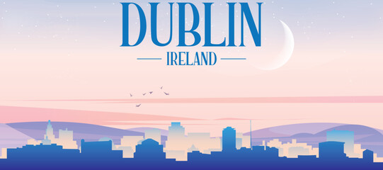 Panoramic poster of the city skyline with misty background buildings, hills sunrise, sunset and clouds of DUBLIN, IRELAND