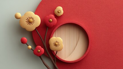 A visually striking composition featuring colorful flowers and a circular cutout, perfect for designs related to spring, wellness, or cultural themes, Ideal for marketing, print materials, or decor,