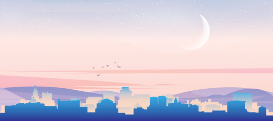 Panoramic poster of the city skyline with misty background buildings, hills sunrise, sunset and clouds of ZARAGOZA, SPAIN