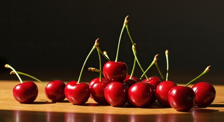 Sweet ripe cherries glistening in warm sunlight, creating a bright and effortless scene of summer joy and simple, truly carefree enjoyment ,snack ,vivid ,carefree