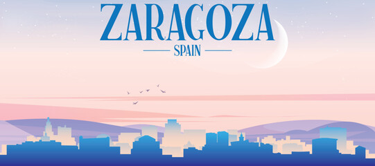 Panoramic poster of the city skyline with misty background buildings, hills sunrise, sunset and clouds of ZARAGOZA, SPAIN