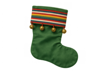 Green christmas stocking with colorful striped cuff and jingle bells, festive holiday season decoration