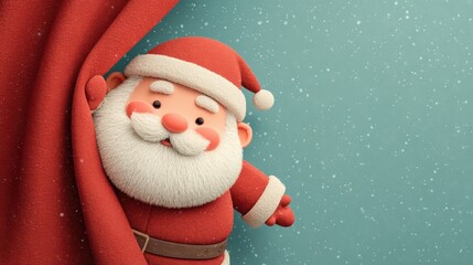 Cute 3D Santa Claus peeking from red curtain with snow