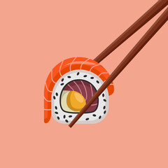 Enjoy this vibrant sushi image featuring a beautifully arranged roll being held by chopsticks against a minimalist background, emphasizing Japanese cuisine's elegance.