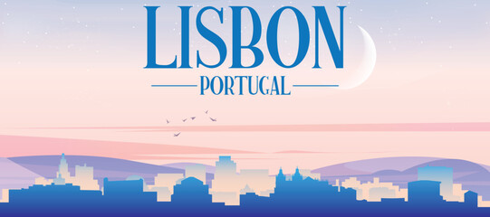 Panoramic poster of the city skyline with misty background buildings, hills sunrise, sunset and clouds of LISBON, PORTUGAL