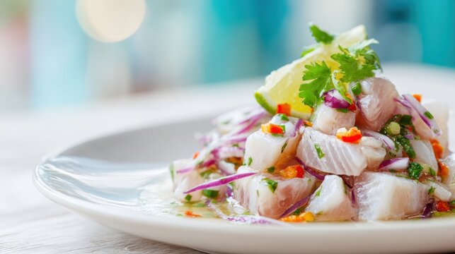 Fresh Ceviche Dish with Lime Cilantro and Red Onion on White Plate