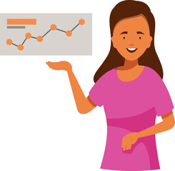Businesswoman presenting positive statistics on a board, showing upward trend in sales or marketing