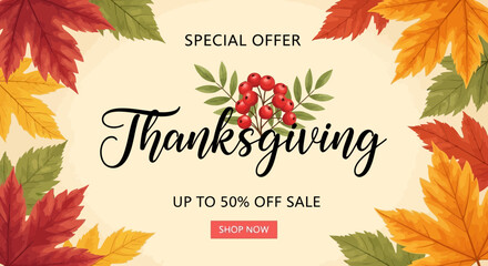 Thanksgiving sale banner with autumn leaves and berries, special offer up to 50% off, festive holiday promotion