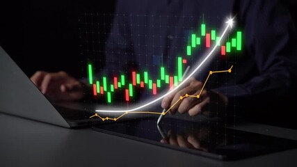 A businessman works on a laptop, analyzing financial data represented by a growing chart. This image highlights the importance of data in investment and financial planning. Copula - Powered by Adobe