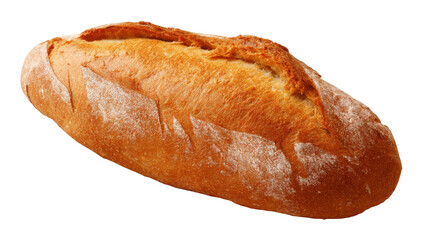 Delicious golden brown loaf of artisanal bread featuring a textured crust and a light flour dusting