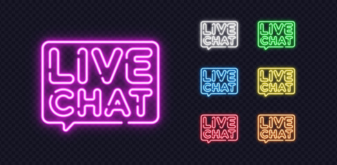 Set of glowing neon Live Chat signs in multiple colors on a transparent background. Perfect for advertising shops, restaurants, and modern digital promotions.