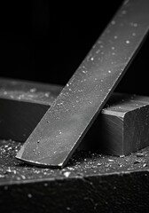 Textured surface of a workpiece being meticulously shaped by a metal file, highlighting the abrasive process and industrial craftsmanship ,repair ,industrial ,particles