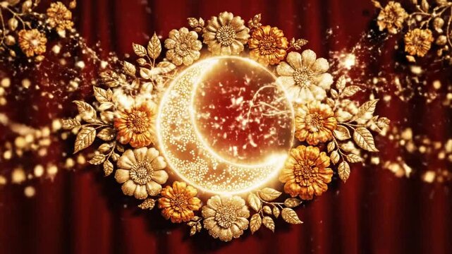 Golden Crescent Moon Diya Floral Decoration Hindu Festival Karva Chauth