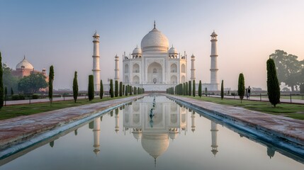 Obraz premium Taj Mahal sunrise serene reflection majestic India tranquil beauty peaceful travel destination iconic landmark photography