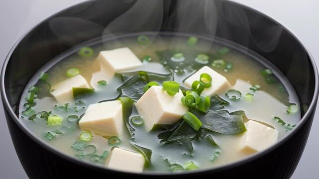 Hot steaming Japanese miso soup with tofu and wakame seaweed in a traditional black bowl