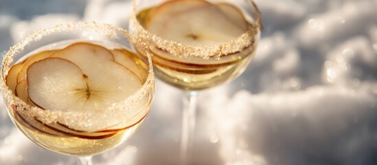 Elegant pear infused winter cocktail with fine bubbles, thin pear slices arranged like petals, rim frosted with sugar crystals, delicate winter