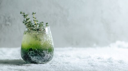 Green winter herbal cocktail with juniper berries and thyme, frost coating the lower part of the glass, snowy white minimalistic background, soft