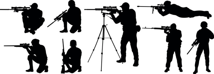 Sniper silhouette vector set. Tactical military shooting poses © Ascreator