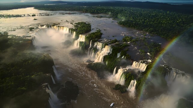 Spectacular Iguazu Falls Aerial View Rainforest Majesty Brazil Natural Wonder Soft Rainbow Light