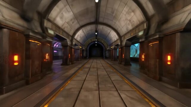 Perspective view of an arched tunnel with parallel tracks, illuminated by lamps, in a darkened environment