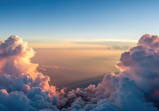 Aerial view of fluffy colorful clouds at sunset with sun rays and copy space, dreamy sky background
