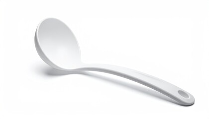 White plastic ladle, sleek design, curved handle, oval head
