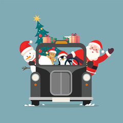 Front view of Christmas Cute Santa Claus and Snowman on British Taxi car