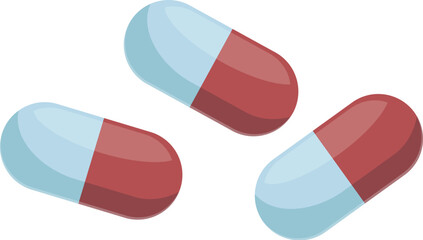 Three red and light blue medicine capsules are falling against a white background, representing healthcare, pharmaceuticals, and treatment
