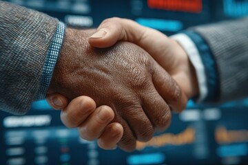 Business Partnership Agreement Through Handshake Over Financial Data Background