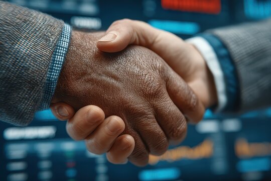 Business Partnership Agreement Through Handshake Over Financial Data Background