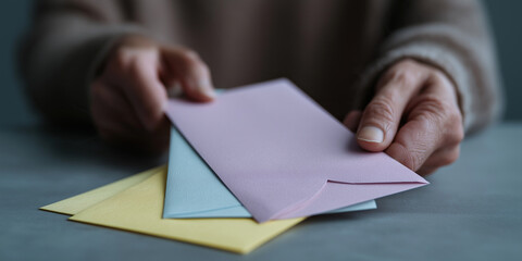 Hands carefully arrange three pastel-colored envelopes suggesting thoughtful correspondence or creative messaging.