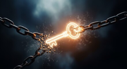 Glowing key breaking metal chain. Concept of freedom, liberation, and overcoming oppression. Symbolizing release from bondage for International Day for Abolition of Slavery.