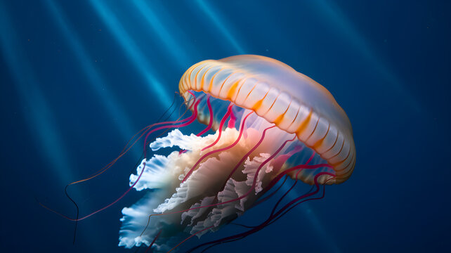 A vibrant jellyfish with translucent bell and flowing tentacles gracefully glides in the deep blue ocean, illuminated by light rays, creating a mesmerizing marine scene