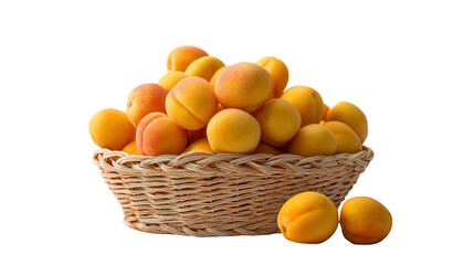 Fresh orange apricots overflow from a woven wicker basket with two fruit beside it