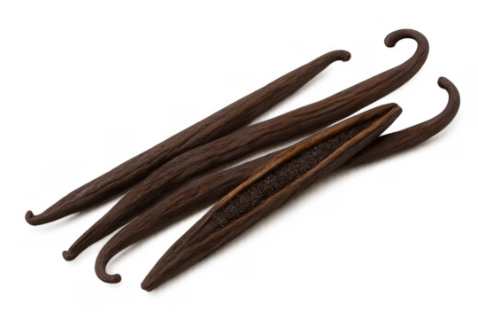 Vanilla pods providing natural flavor for cooking and baking with aromatic seeds, transparent background
