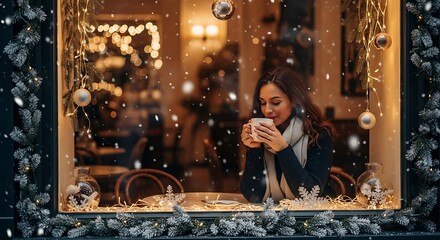 Young woman enjoying a warm drink at cozy cafe during a snowy Christmas day