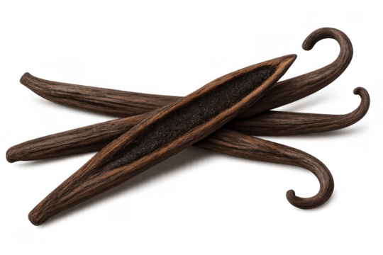 Dried vanilla beans with one open pod showing seeds, aromatic spice for cooking and baking on transparent background