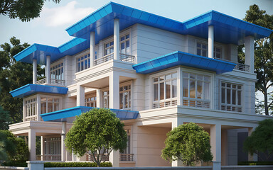Fototapeta premium Modern beige and blue multi story house with balconies and trees home building