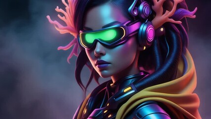 Cyberpunk Female Character Portrait with Neon Green Visor and Glowing Armor - Powered by Adobe